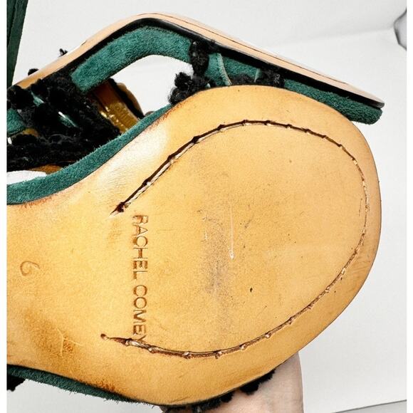 Rachel Comey Chenille Suede Green Black Pom Pom Block Heeled Cage Sandals US 6 - Picture 8 of 9